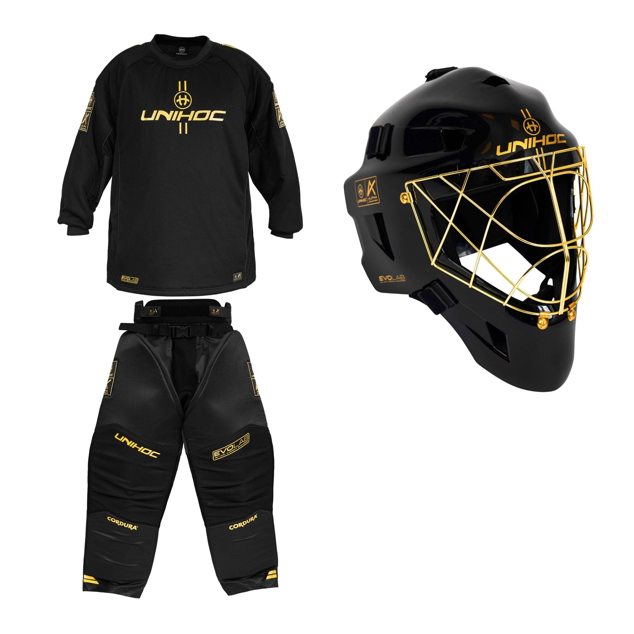 Unihoc Målvaktspaket ALPHA Evolab SR: Hjälm, Tröja & Byxa Black/Gold