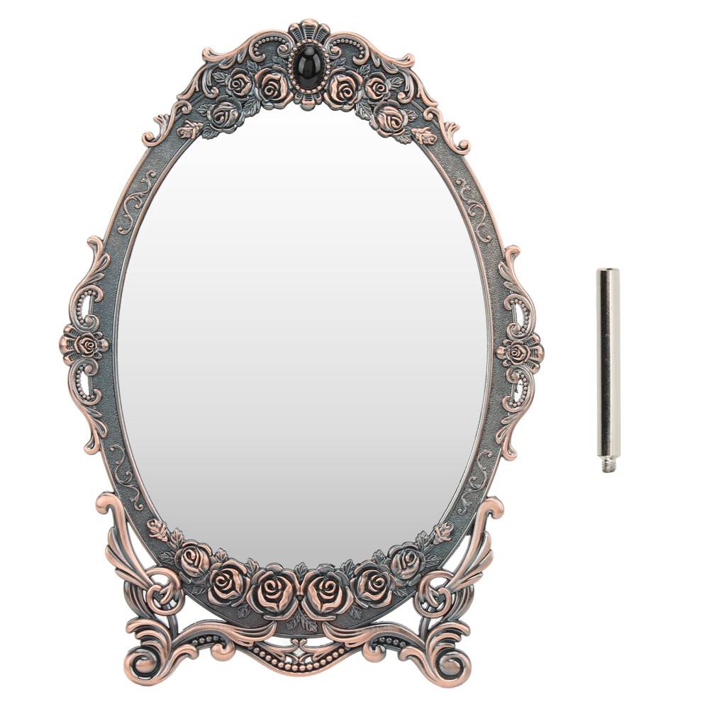 Retro makeupspejl med metalramme, dekorativt sminkespejl med blomsterpræget kant og perlebesat kant, dobbeltsidet spejl med stativ til kommode i