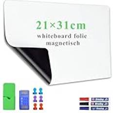 Lyzzxi Whiteboard folie A4, 21 x 31 cm magnetisk självhäftande vit väggtavla folie, whiteboard sticker DIY, inklusive markör och svamp, väggfolie för släta ytor i skolan kontor hus