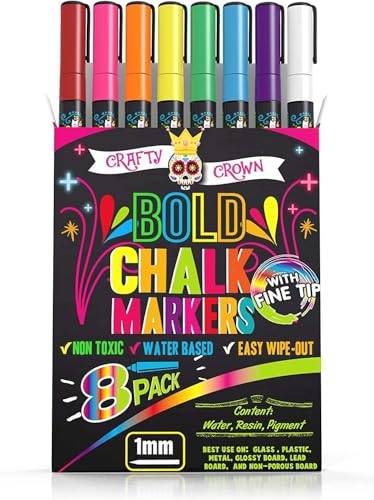 Chalky Crown - Erasable glass markers, liquid chalk, dried, reversible tip 1 mm - for whiteboards, signs, windows, glass (8 pack) + 24 slate labels