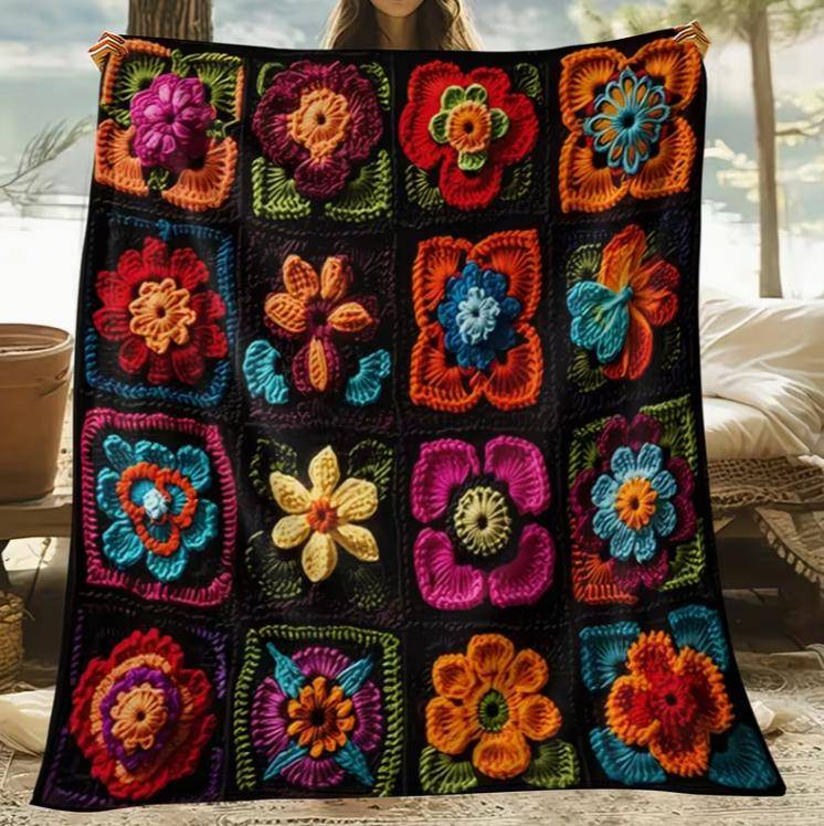 Digital Blommig Filt - Franskt Afghan-stil Flerfärgad Virkad Blomma, Hela Säsongen Bekväm Sängöverkast Soffa, Säng, Camping
