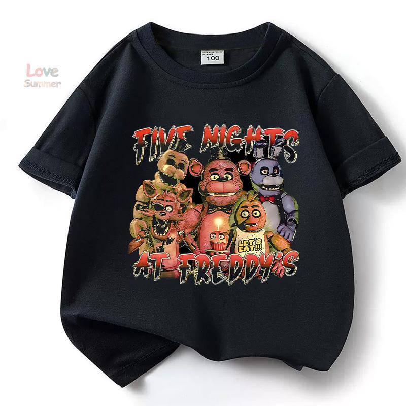 Sommar FNAF Barn Unisex Vardaglig Kortärmad Tryckt Five Nights at Freddy Skjorta Gåva för Barn i Åldern 4-14 Streetwear cm svart
