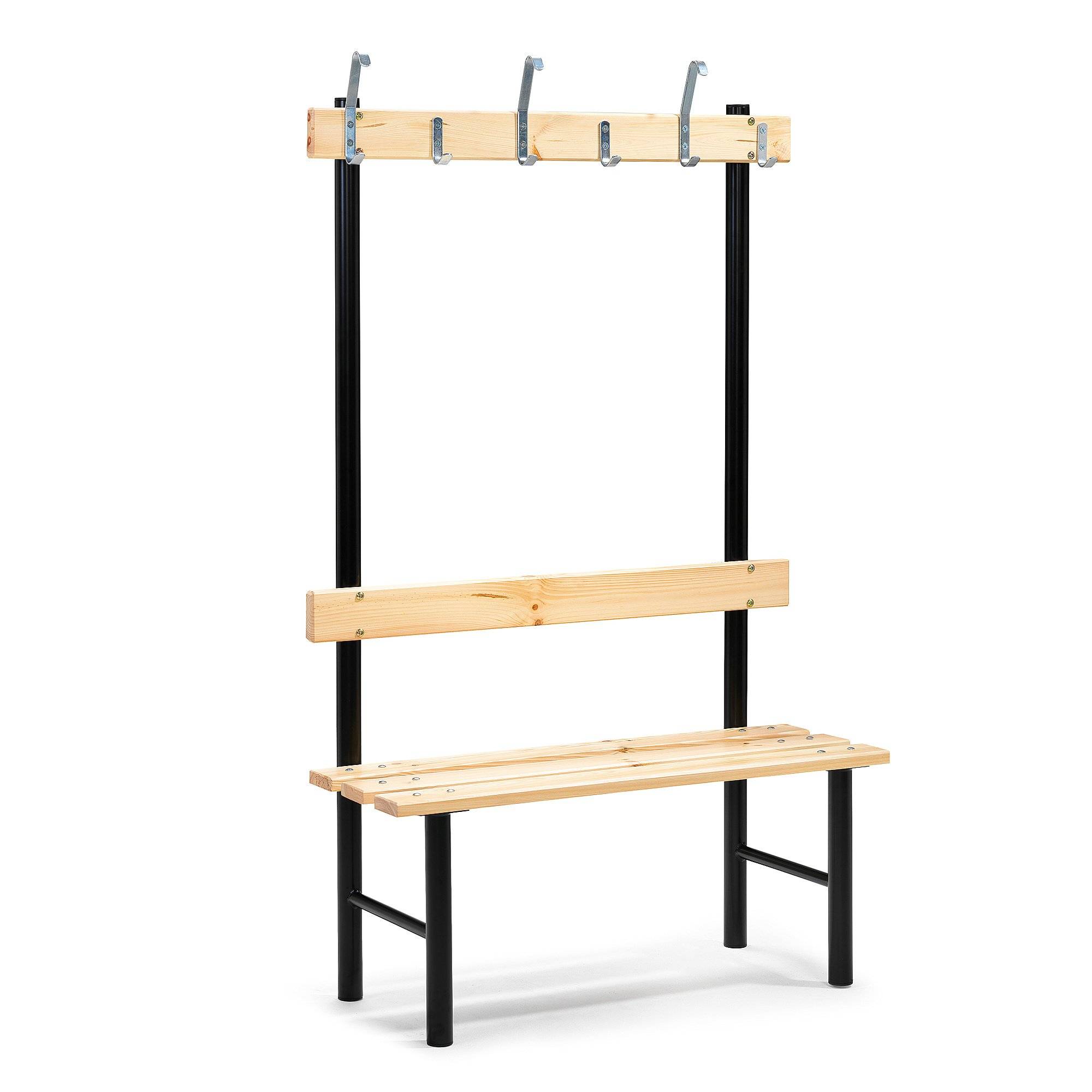 Enkel sittbänk STADIUM, 6 krokar, 1000 mm, furu