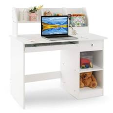 Børneskrivebord i træ med opbevaring & bogreol & tastaturbakke & skuffe hvid