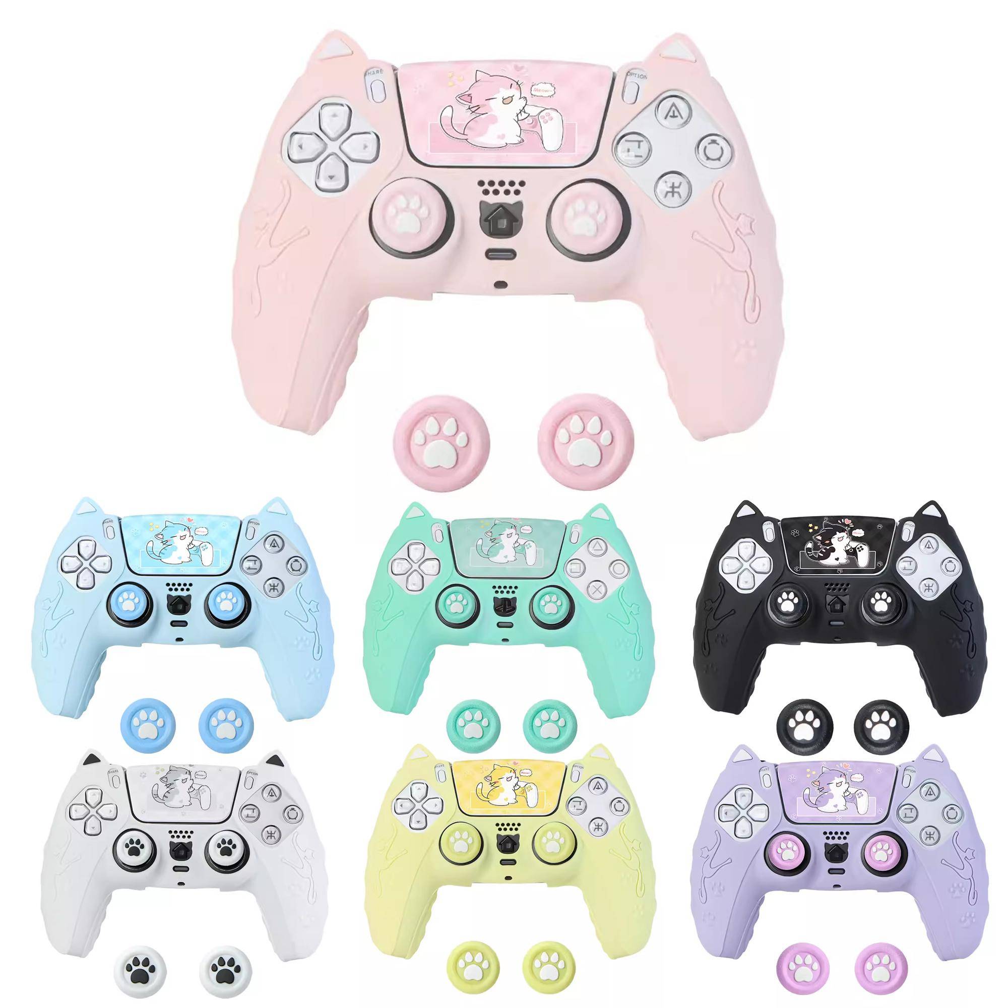 Härlig Katt Silikon Mjukt Skydd Klistermärke Hud För Sony Playstation Dualsense 5 PS5 Handkontroll Fodral Tumstick Greppkåpa gul