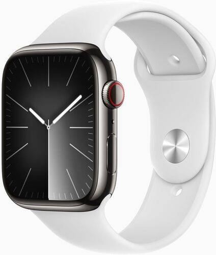 Apple Watch Series 9 Rustfrit stål 45 mm (2023) | GPS + Cellular | Grafit | hvidt sportsarmbånd M/L