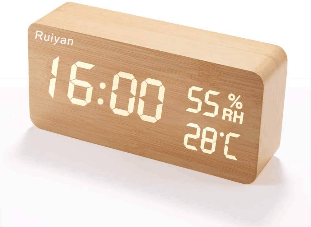 Alarm Clock, Wood Grain, LED Digital Clock, Alarm Clock, Thermometer/Hygrometer, Calendar, Voice Activated, USB/Battery Powered, Yellow