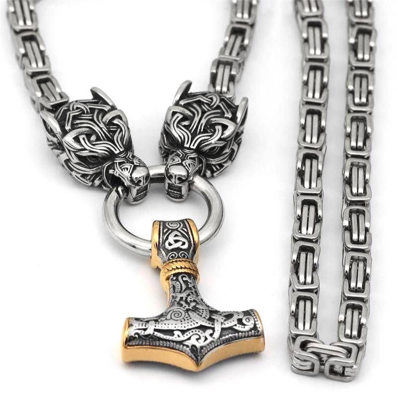 Rostfritt Stål Nordisk Keltisk Herrhalsband Viking Varg Huvud Tors Hammare Hänge gray