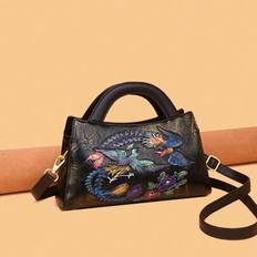 Kvinnor Casual Läder Phoenix-präglad handväska, Crossbody-axelväska, Fashion Elegant Tote Bag, Elegant Baguette Bag - Svart