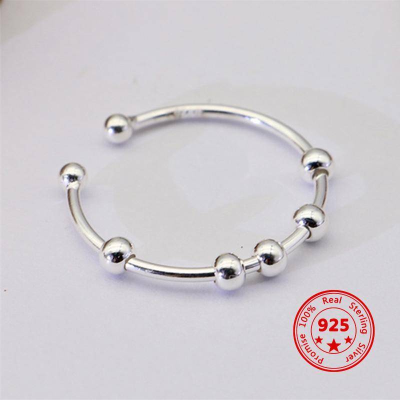 Ny 925 Sterling Silver Fidget Pärlor Justerbar Ring för Kvinnor Män Roterar Fritt Anti Stress Ångestringar Mode Smycken Resizable