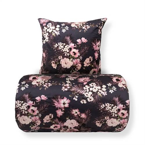 Sengetøj - Bomuldssatin - Vendbart gråt blomster print og prikker