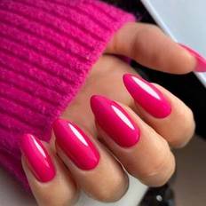 Valentines Nails Hot Pink Press On Nails Medium Mandel, Jelly Soft Gel Fake Nails Korta, Blanka Naturligt Rent lim på Naglar Stiletto, Klarrosa Oval S - Skrikrosa