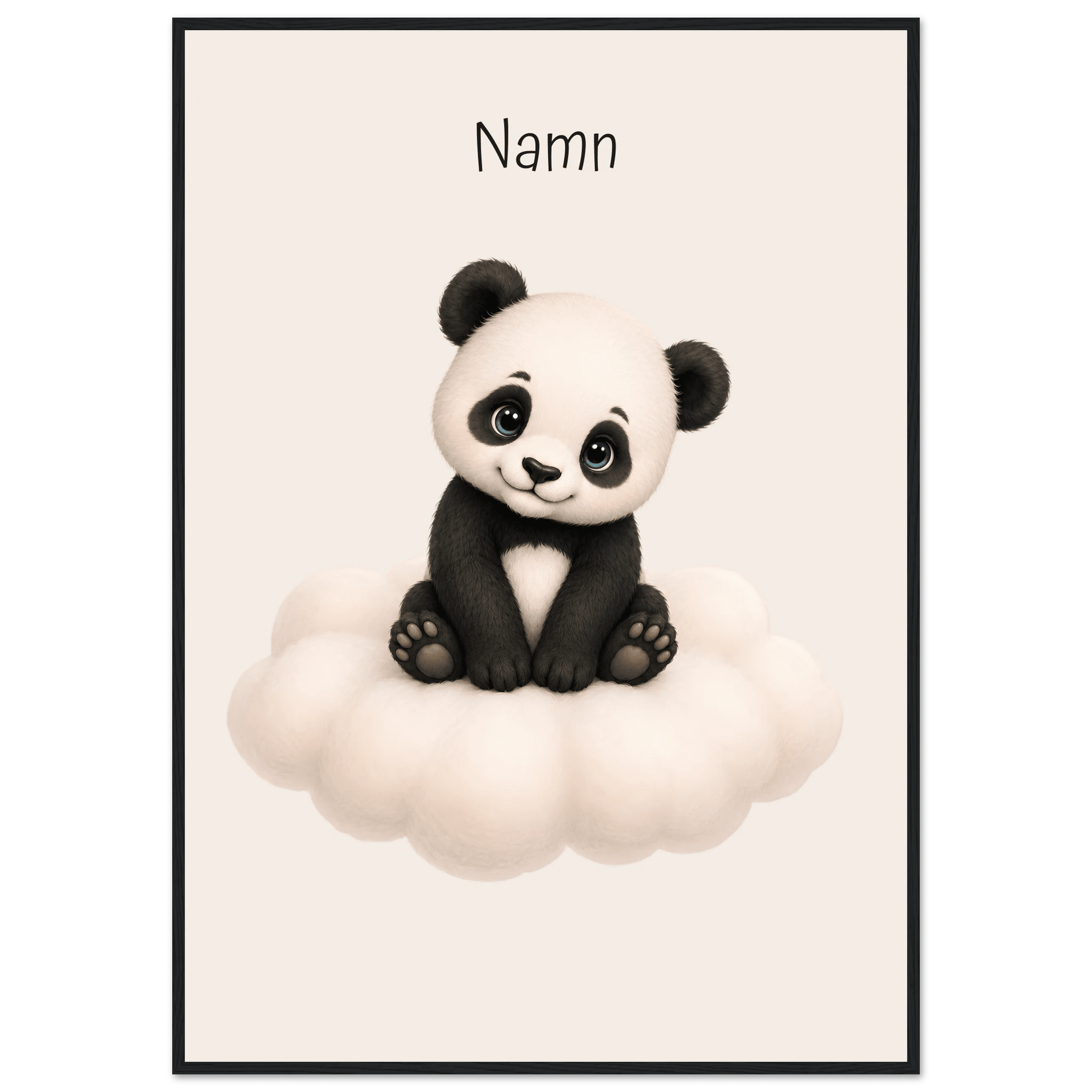 Panda på moln med namn-70x100 cm / 28x40″ / Med ram / Svart
