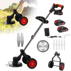 Wilitto Trådlös grästrimmer, 3-i-1 grästrimmer och röjsåg, trädgårdstrimmer med 2 st. 21 V 2 000 mAh uppladdningsbara batterier, elektrisk grästrimmer med blad, teleskopisk röjsåg, röd