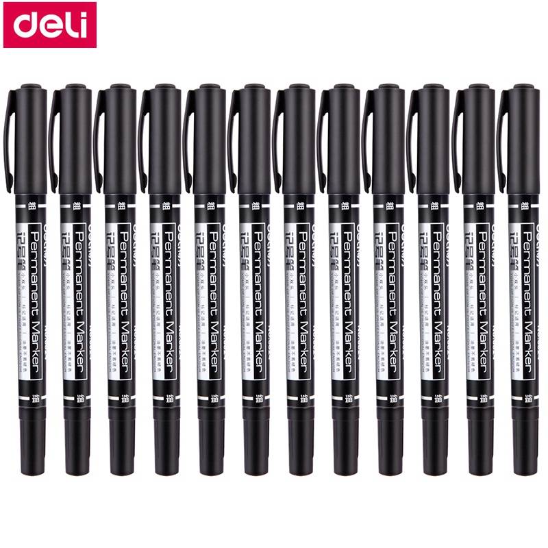 Deli 6824 Permanent Markers Dual Tip - Svart -12 st