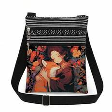 Söt tecknad Fox Girl Print Unisex Crossbody-väska, Återanvändbar axelväska, Casual Satchel-väska med färgglada blommönster, justerbar rem, perfekt för - Orange
