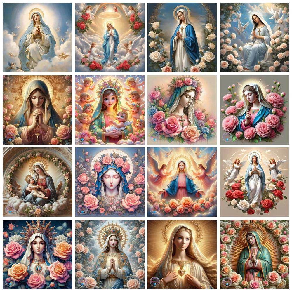 Diamantbroderi 5d Jungfru Maria Mosaik Heminredning Ikon Ros Diamantmålning Nytt Porträtt Religiösa Strass