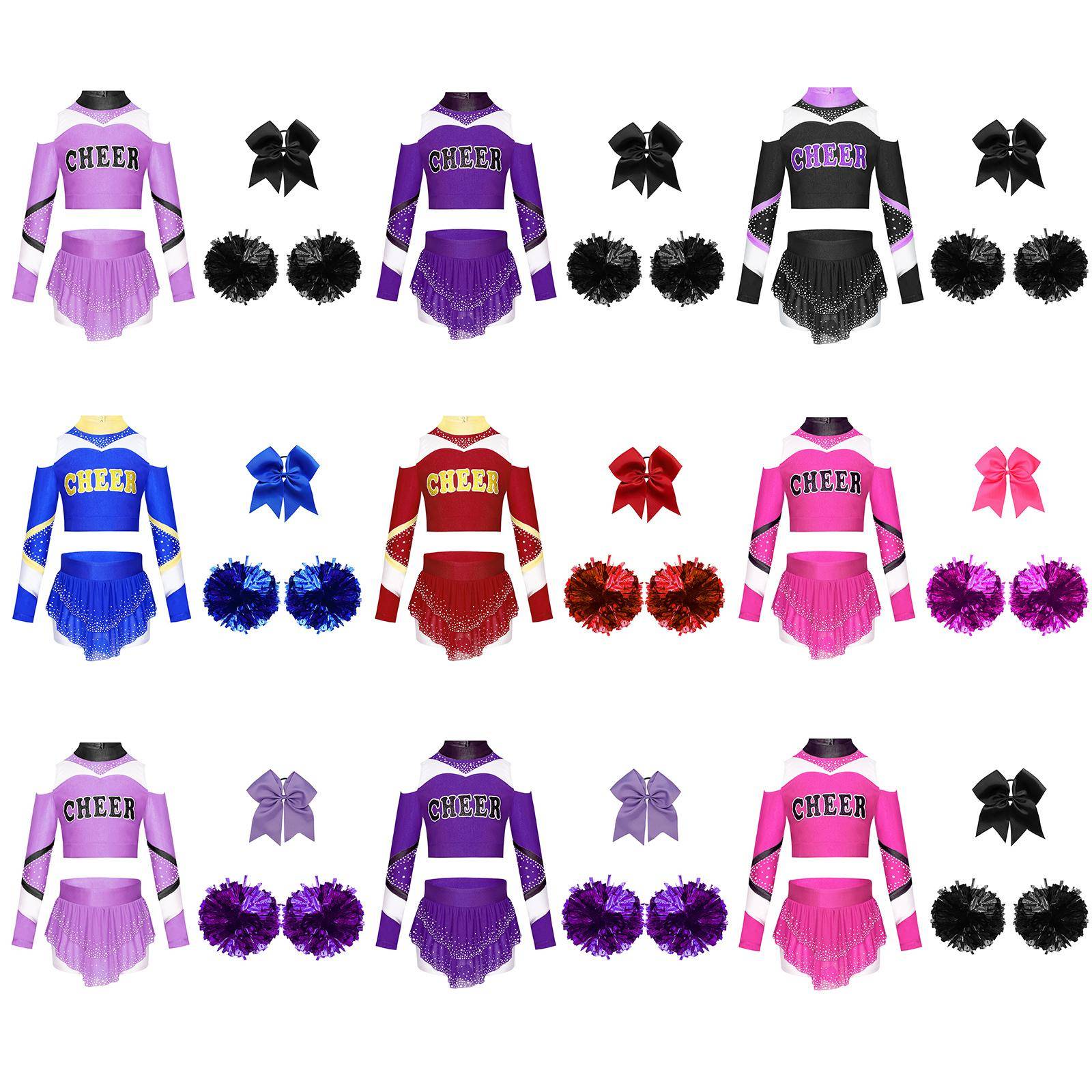 Flickor Cheerleading Set Cold Shoulder Långärmad Nyckelhålsrygg Färgblock Bokstavstryck Kort Topp Strass Kjol Rosett Hårband Pom Poms cm varm rosa fär