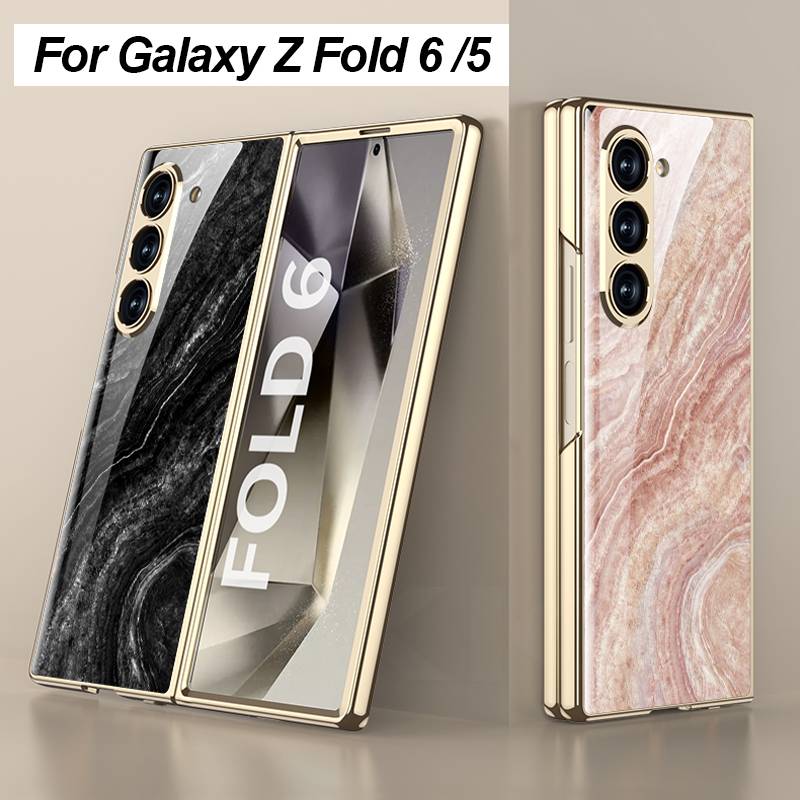 Luxury Plating Painted Glass Case For Samsung Galaxy Z Fold 6 5 Camera Protective Hard Plastic Cover For Galaxy Z Fold 6 Case