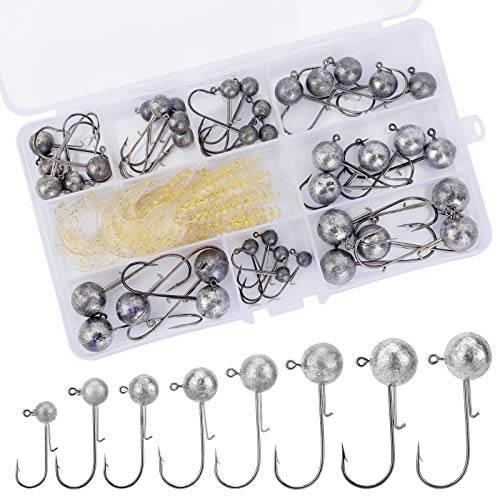 Pwsap 40 stycken jiggkrokar med runt jigghuvud, jigghuvuden för gummifisk för rovfiskmete, med 10 stycken gummifiskar, blyhuvud-metkrokar, sats med olika storlekar 2 g, 3,5 g, 5 g, 7 g, 10 g, 14 g, 17 g, 20 g