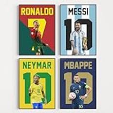 Pompom Prints Fotboll väggkonst affischtryck för pojkar sovrum set med 4 - Ronaldo, Messi, Mbappé och Neymar Ramar ingår inte Superstars, A4)