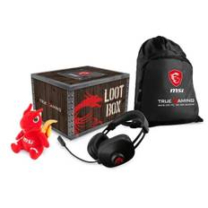 MSI Loot Box. Gaming-rygsæk, gaming-headset, MSI Dragon-bamse.