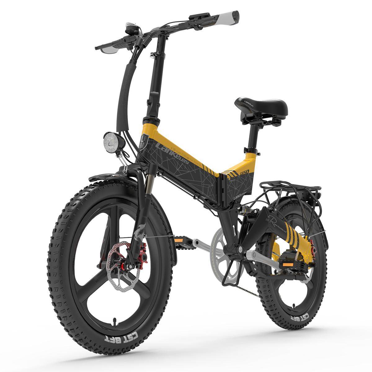 LANKELEISI G650 Vikbar Vuxen City Elcykel 500W Motor 48V12.8AH Batteri Off-Road Elcykel 20 Tums Breda Däck Mountain e-Bike gul