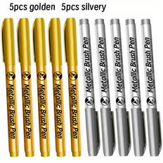 TEMU 10pcs Metallic Golden Marker Pen Golden Silvery,non Erasable Marker Pen,soft Nibused For Black Paper, Ceramics, Rock Painting, Glass, Wood, Canvas, Metal