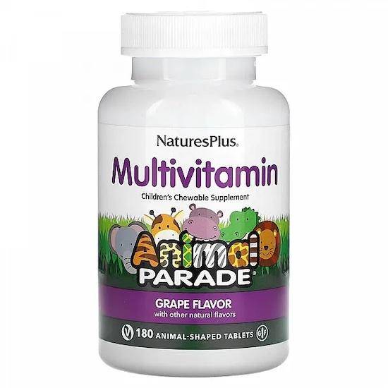 Nature's Plus- Source of Life, Tuggbar Multivitamin- och Mineraltillskott för Barn, Vindruva, 180 Djurformade Tabletter
