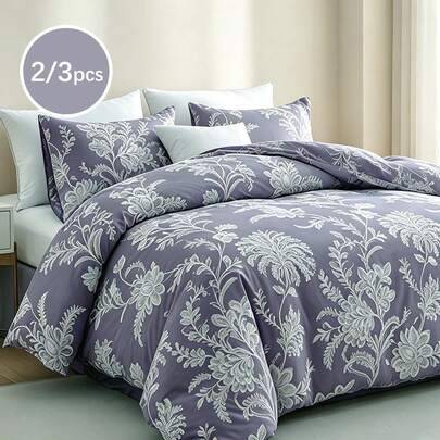 2/3-delat täckeöverdragset med blommigt botaniskt tryck – jacquardtexturerad supermjuk polyester, andningsbar och maskintvättbar (1 överdrag + 2 örngo - Blåröd (Multi-size)