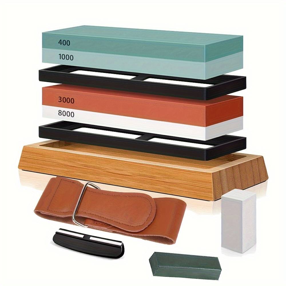 TEMU Sharpening Stone Set For Professional Whetstone Grit 400/1000 3000/8000 With Non-slip Bamboo Base Flat Stone Angle Guide Leather Strips