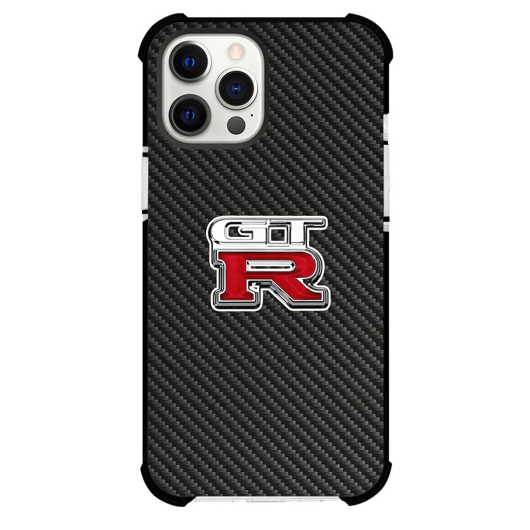 Nissan GT-R Phone Case For iPhone Samsung Galaxy Pixel OnePlus Vivo Xiaomi Asus Sony Motorola Nokia - Nissan GT-R Logo On Traditional Black Charcoal Carbon Fiber Background.