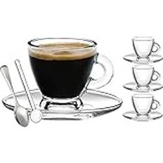 BOHEM'S Espressokoppar, 9,7 dl små Demitasse klart glas espressodryckesartiklar, set med koppar, fat och miniskedar i rostfritt stål + gratis glasskedar (set med 4)