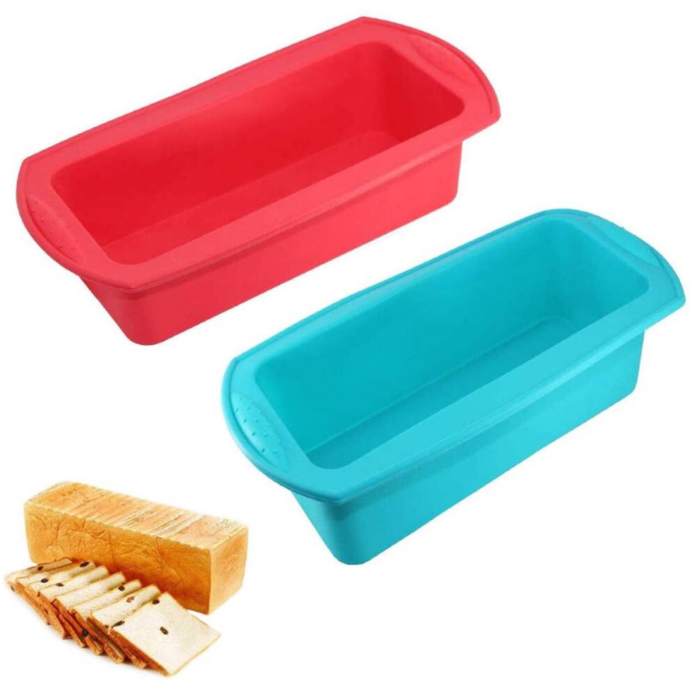 Silikone brød- og brødforme - Sæt med 2 non-stick bageforme til kager, brød, farsbrød, quiche - 25,5 cm x 14,5 cm (blå og rød)