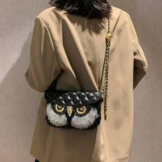 Fashionable Leather Chain Fashion Imitation Rhinestone Pearl Tassel Decorative Women's Bag Diamond Cushion Quilted Flip One Shoulder Crossbody Small S - Black