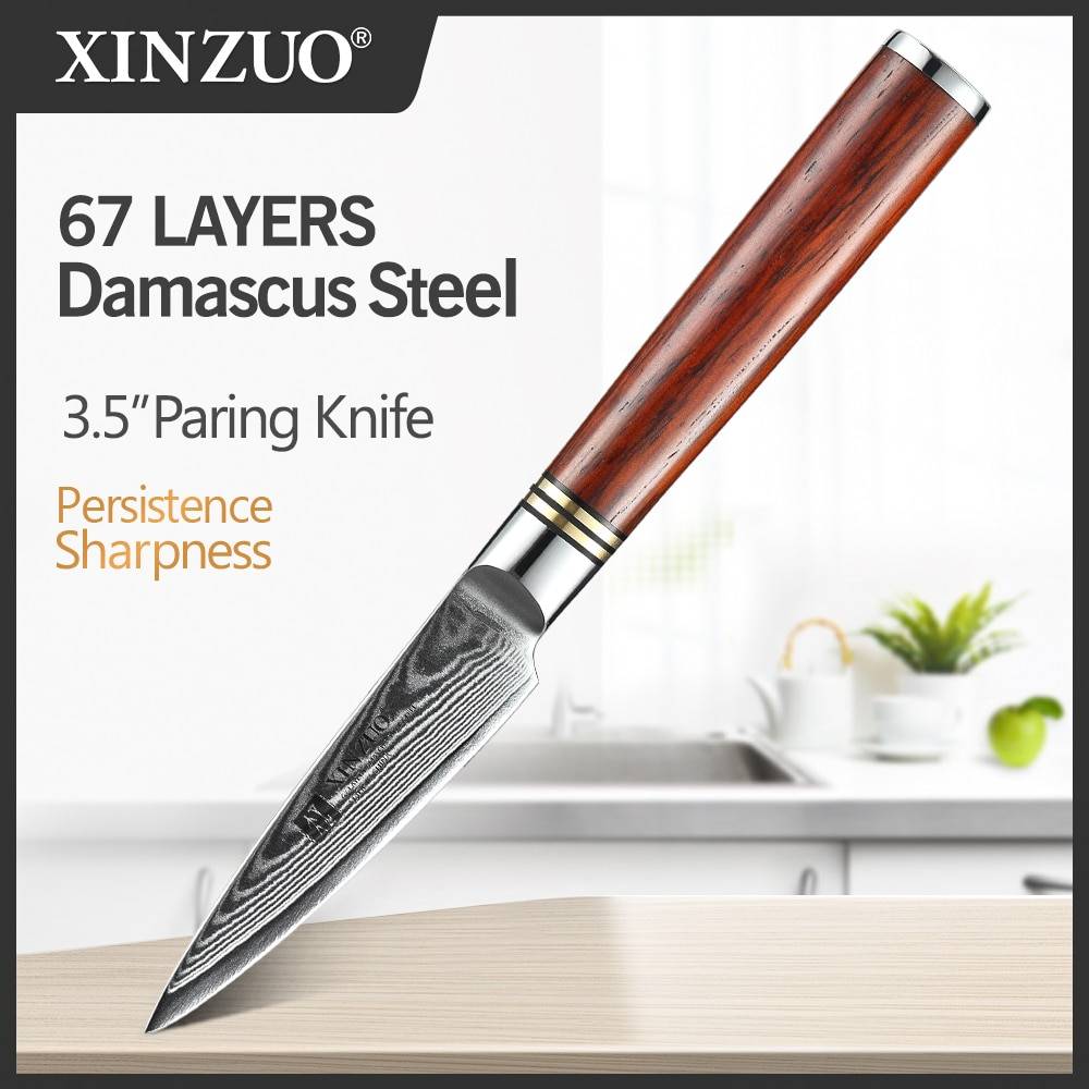 Xinzuo 3.5 "tums frukt-/skalnings-/skalnings-/skalkniv damascus stål superbladiga köksknivar extremt vassa med rosenträhandtag