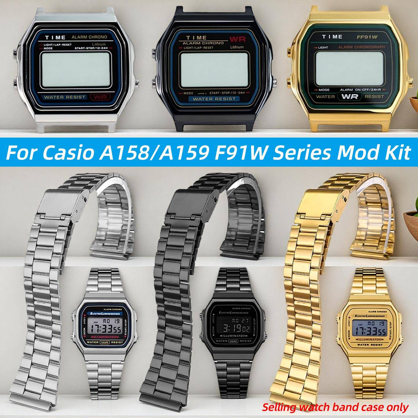 För Casio A158 A159W F91W Högkvalitativt Rostfritt stål Hölje Armband Modifiering Bezel band Metall Klockarmband herraccessoarer