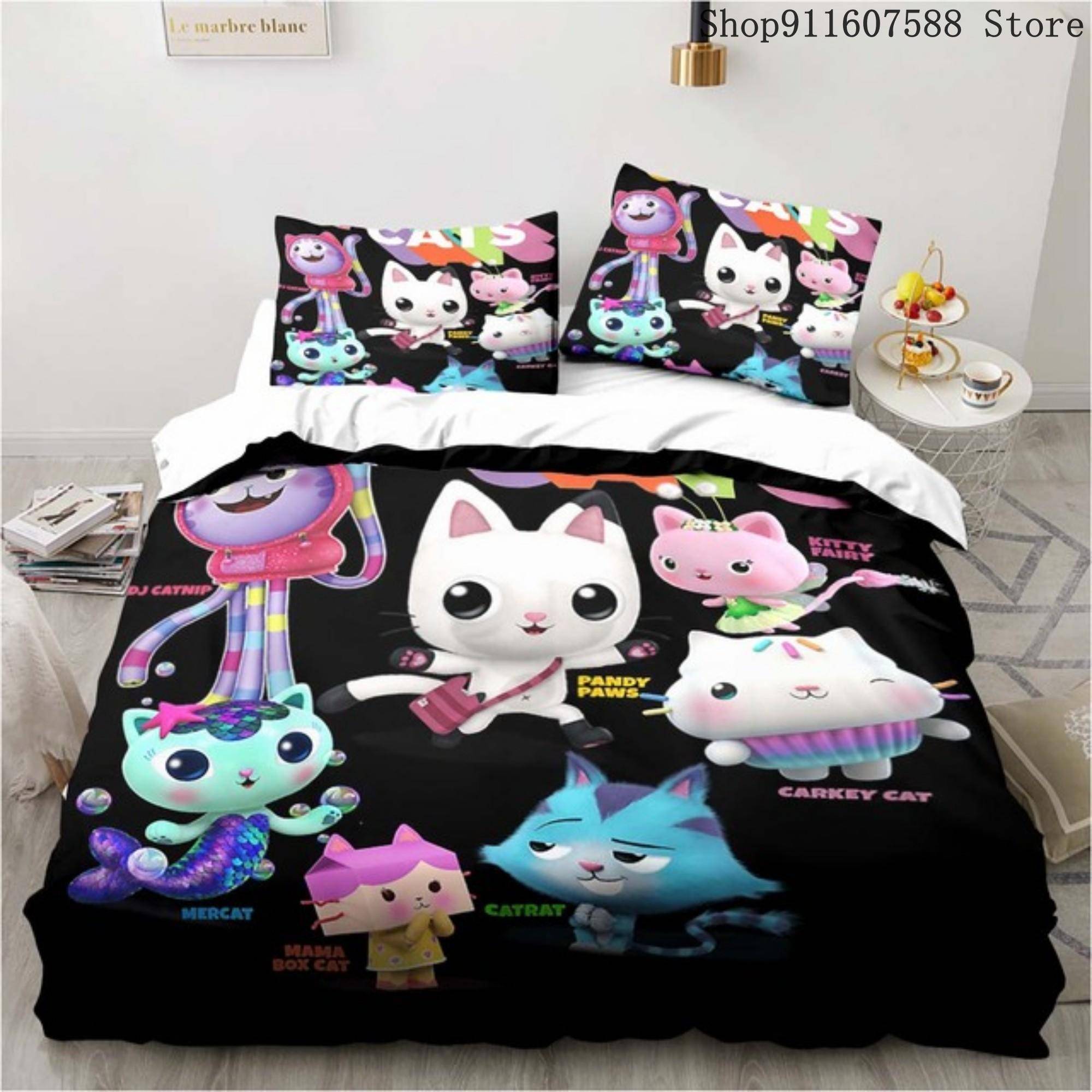 Gabbys dockhus Sängklädesset Kawaii Sänglinneset Enkel Dubbel Storlek Heminredning För Flickor Barn Tecknad Söt Katt Påslakanset EU Single135x200cm