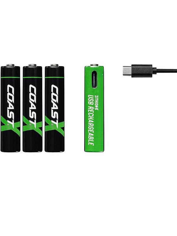 Coast Batteri 1,5V AAA, Li-Ion genopladelig 750 mAh, USB-C kabel, pakke á 4 stk.
