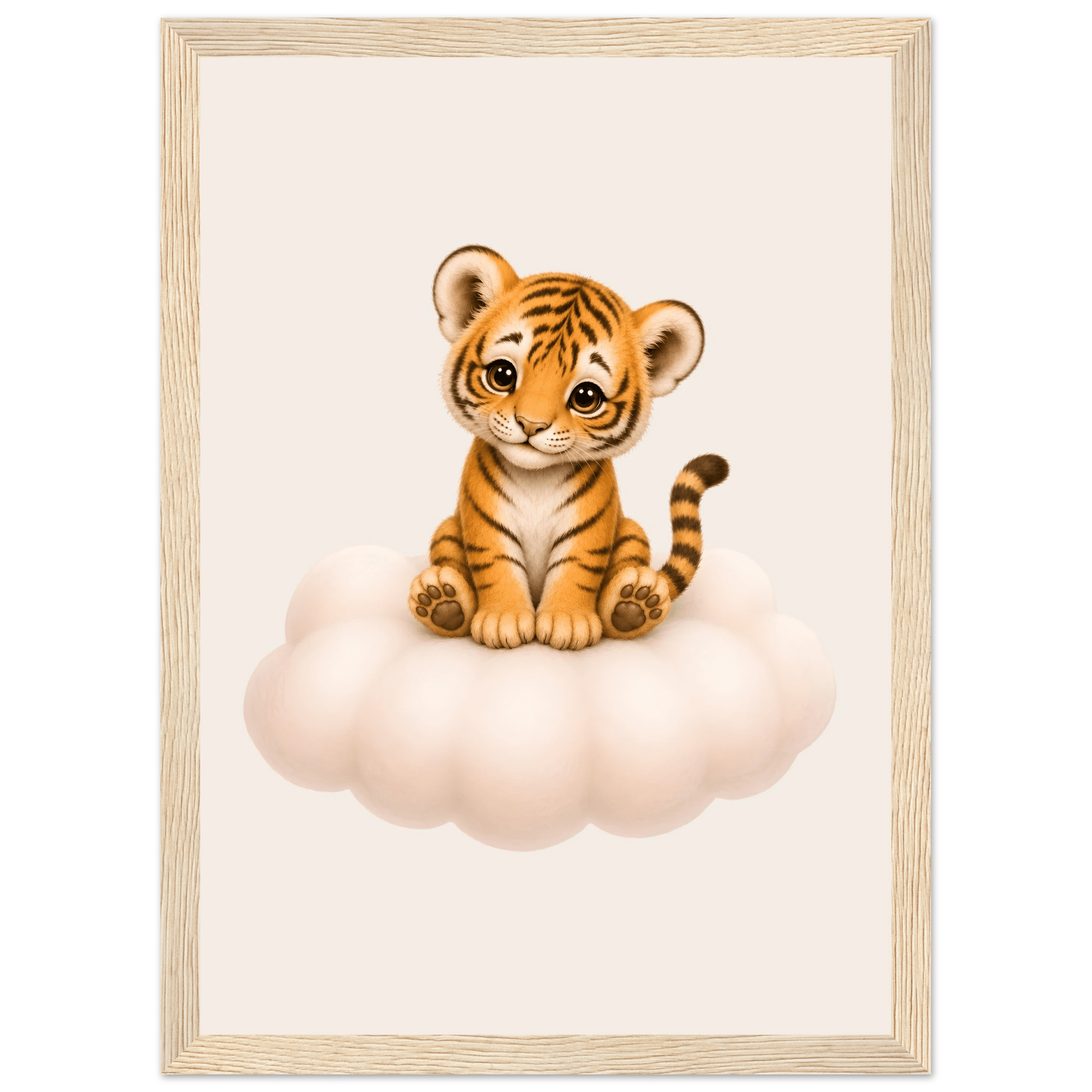 Söt tiger på moln poster-21x29.7 cm / 8x12" / Med ram / Ljust trä