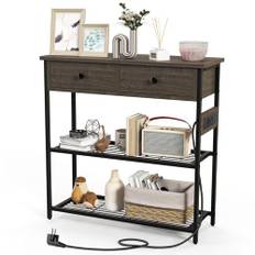 COSTWAY konsolbord med laddningsstation, hallbord med 2 lådor och 2 metallgallerhyllor, med uttag och USB & TypeC-kontakter, sidobord vintage (grå)