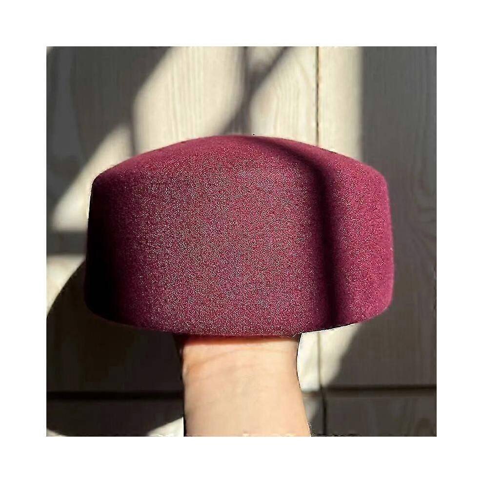 (M 54-58cm, Pillbox burgundy) Retro Flight Attendant Ball Hat Women's 100% Wool Felt Beret Party Charming Hat Wedding Cocktail Party Medicine Box Hat