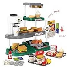 deAO Kassaapparat för barn med ljud, burger, realistiska rostade kyckling- och chips, spelpengar, kaffebryggare, snabbmatsbutik, köksset leksak (grön)