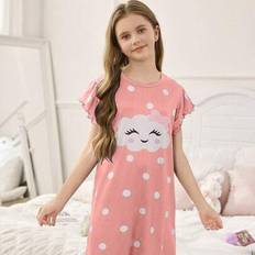 Tween flickor moln- och pricktryck blå Bekvämt sött ettdelat kortärmat nattlinne Loungewear - Rosa (8Y,9Y,10Y,11Y,12Y)