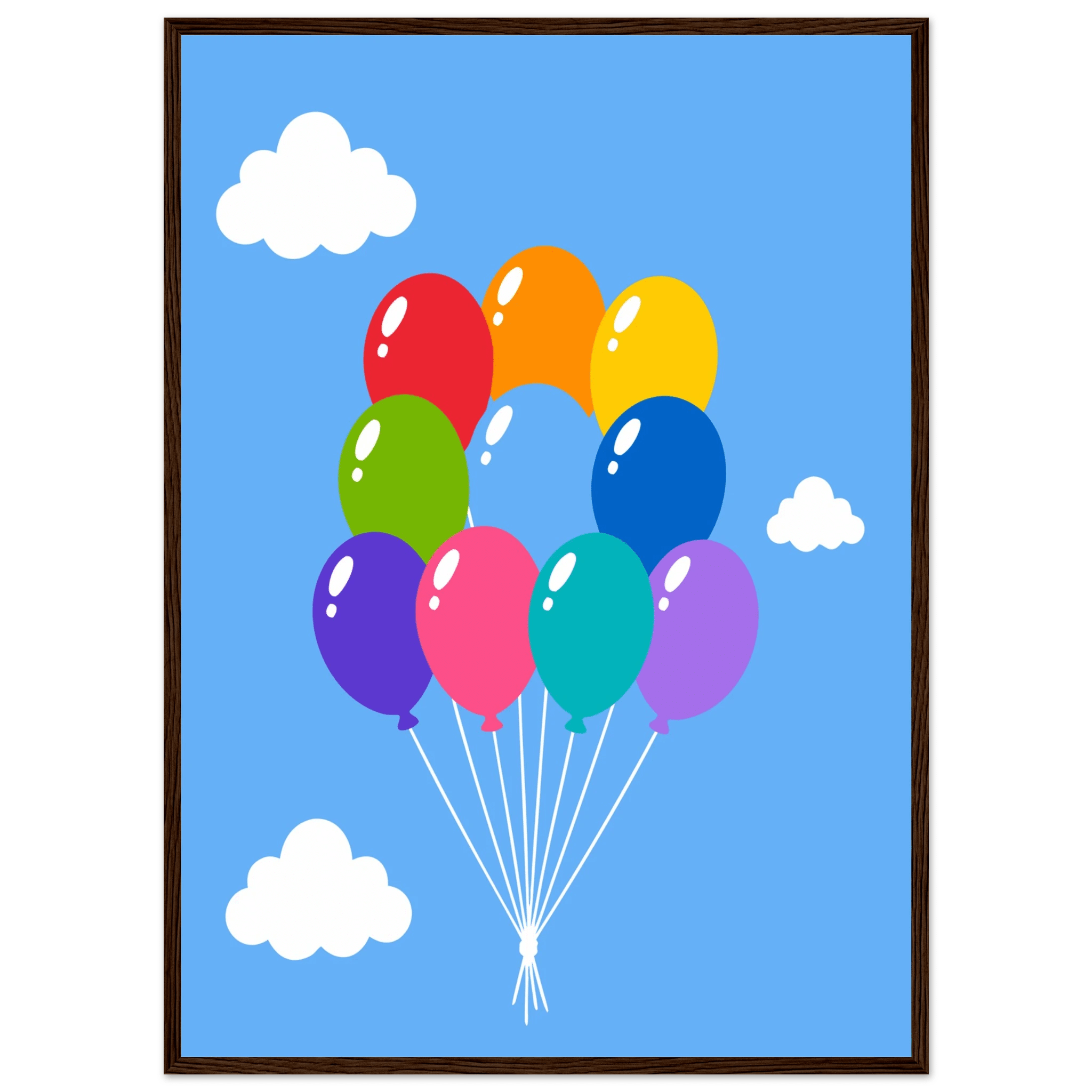 Färgglada ballonger poster-50x70 cm / 20x28″ / Med ram / Mörkt trä