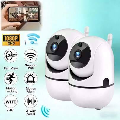 2-pack 1080P smarta säkerhetskameror, 2,4G WiFi trådlösa nätverkskameror, smarta hem PTZ-zoom, dold infraröd mörkersyn, tvåvägs ljud, rörelsespårning, - Vitt (Kamera)