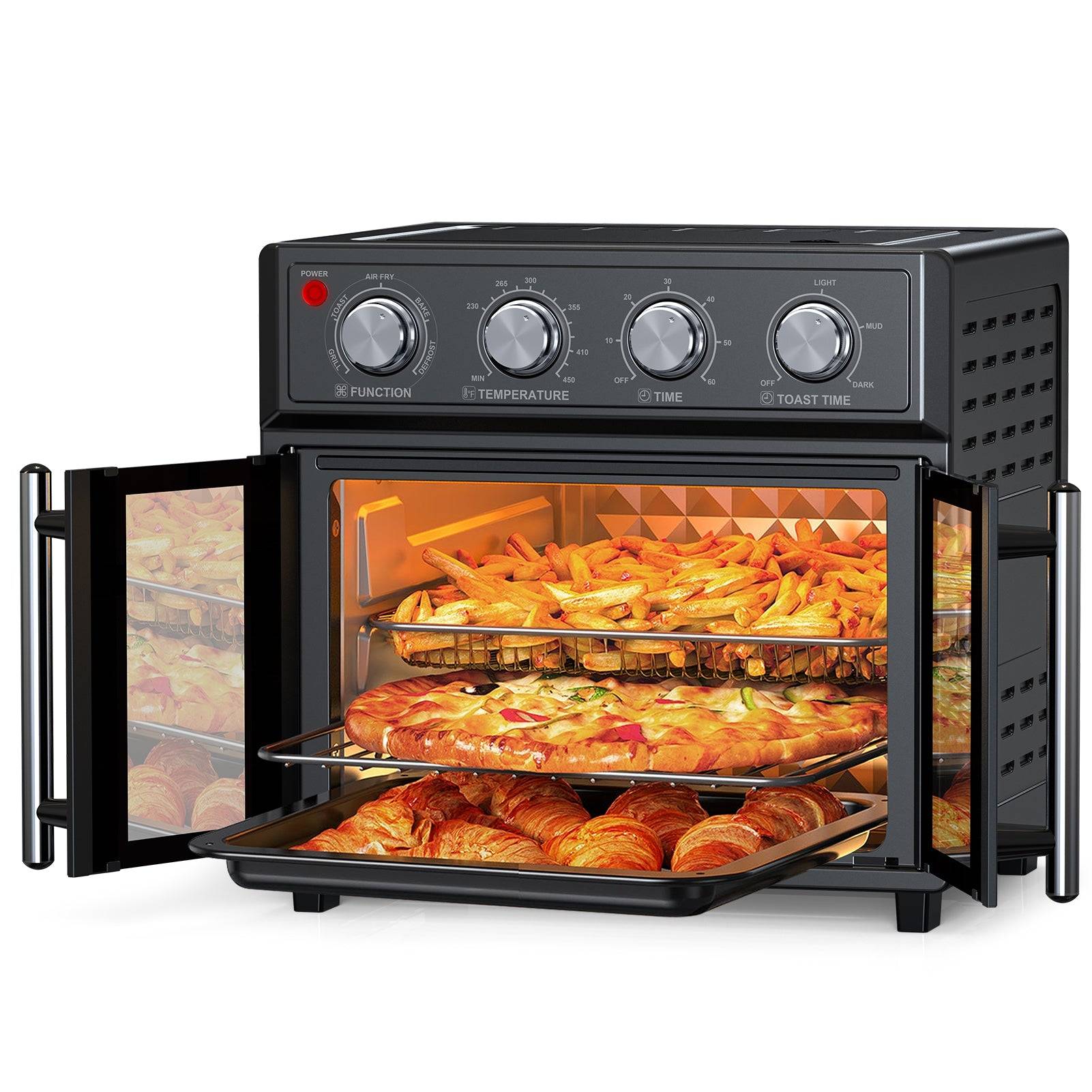 PlumChef 26QT Large capacity French Double-Door Air Fryer Convection Toaster Oven, 1700W, 7 Preset Menus, 7-in-1 Multi-Function for Bake, Roast, Grill, Toast, Dehydrate& Defrost, Stainless Steel,Black