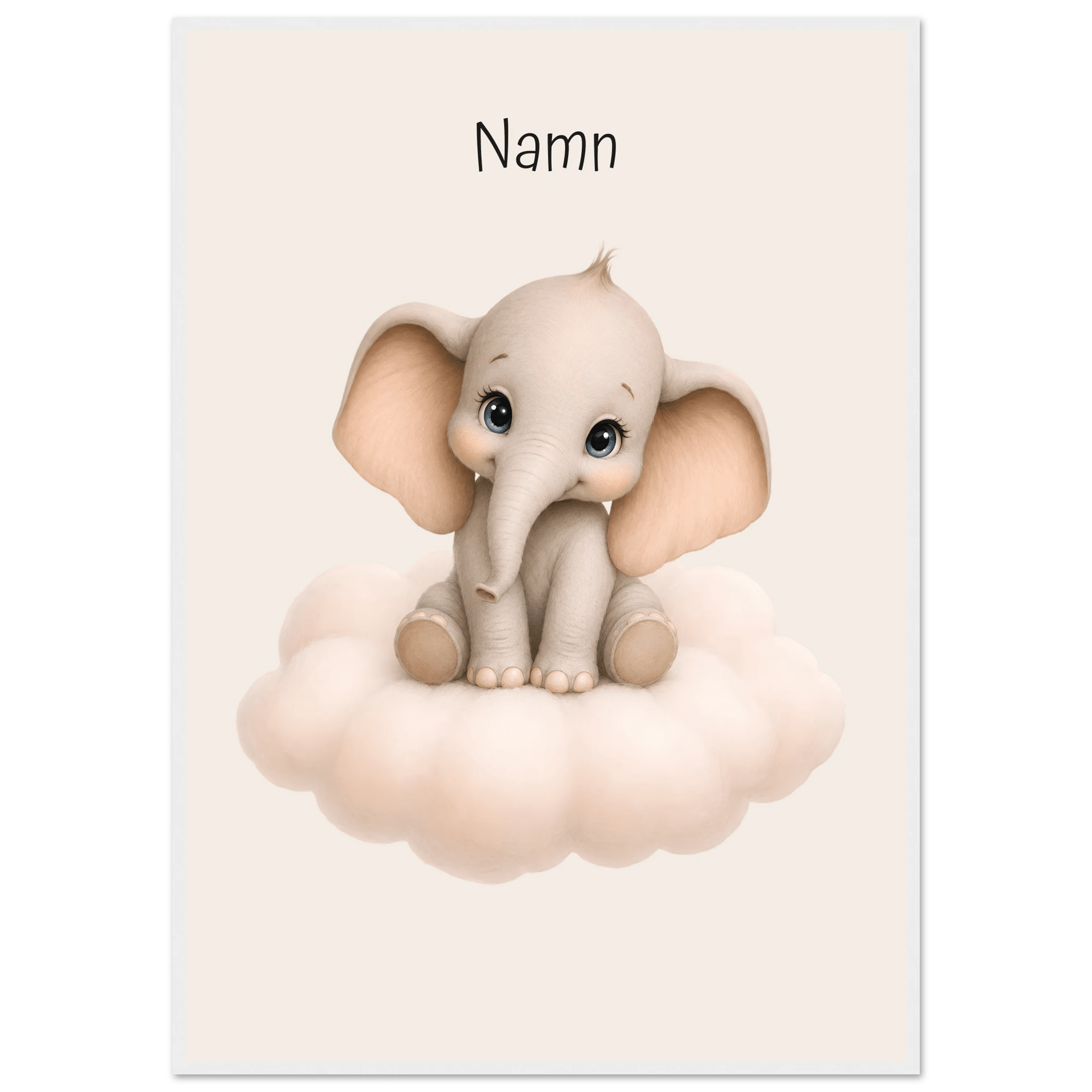 Elefant på moln med namn-70x100 cm / 28x40″ / Med ram / Vit
