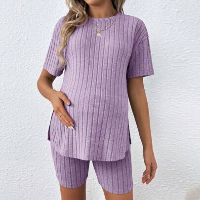 T-shirt med lös, rund halsad löshals för kvinnor i plusstorlek med justerbara shorts med resår i midjan, 2 delar gravidset - Blåröd (L,M,S,XL,XS,XXL,XXS,XXXL,XXXXL)