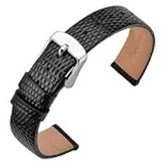 ANNEFIT Klockarmband 10 mm, 12 mm, 13 mm, 14 mm, 15 mm, 16 mm, 18 mm, 20 mm kvinnor, ersättningsremmar i mjukt kalvläder, Svart/silverspänne, 15mm, rem